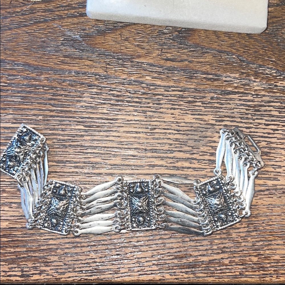 50s Silver Taxco Mexico link panel bracelet repousse